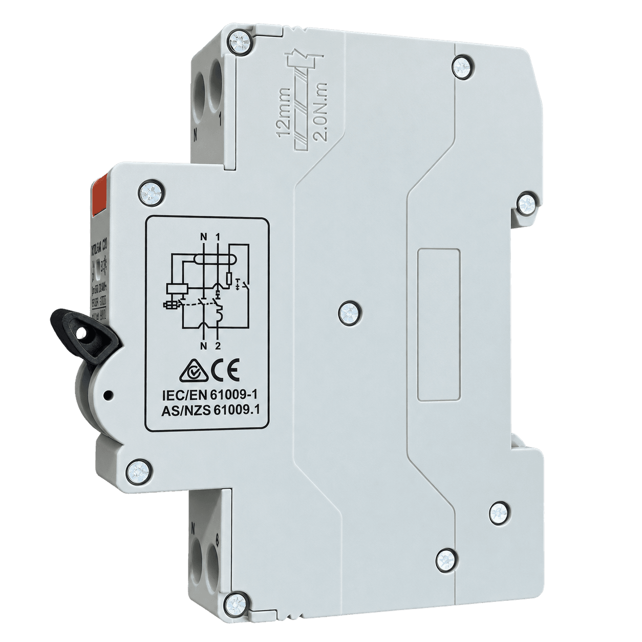 Rear view of RCBO showing wiring diagram, terminal markings and AS/NZS 61009.1 marking