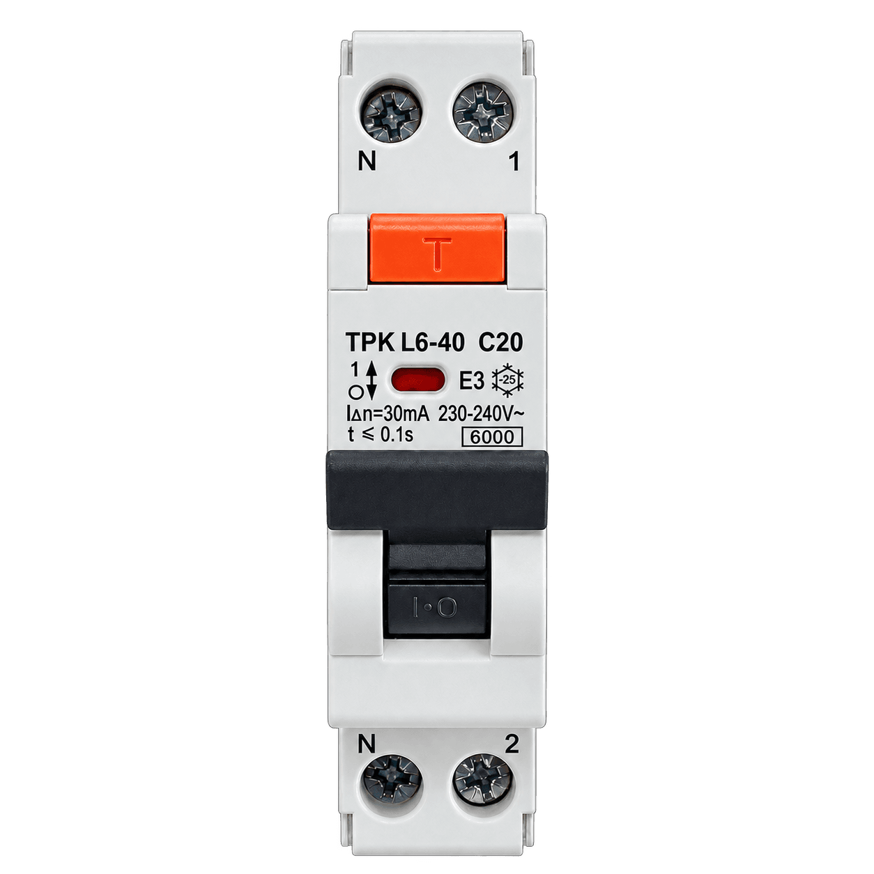 TPKELE compact RCBO front view showing C20, 30mA, 230-240V and 6000 markings