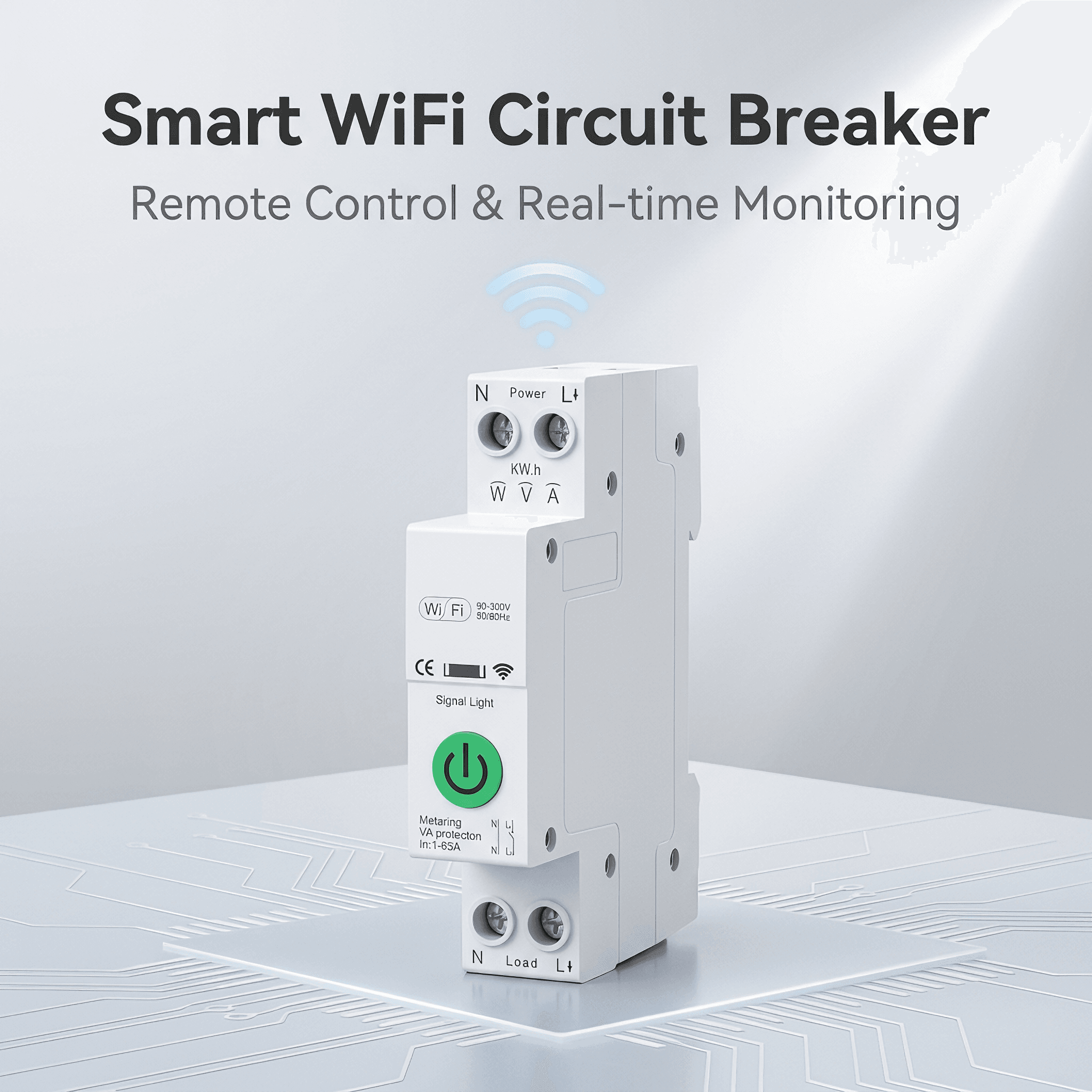 MCB 18mm Wi-Fi Smart Circuit Breaker - front view with DIN rail mounting