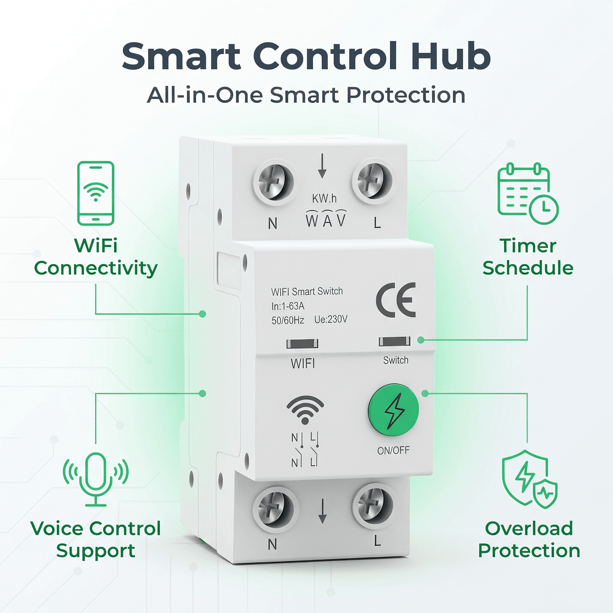 MCB 2P Wi-Fi Smart Circuit Breaker - front view with DIN rail mounting