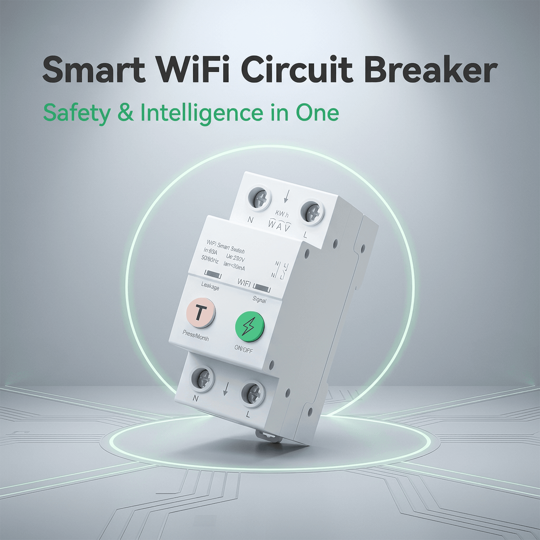 MCB Wi-Fi Smart Earth Leakage Circuit Breaker - front view with DIN rail mounting