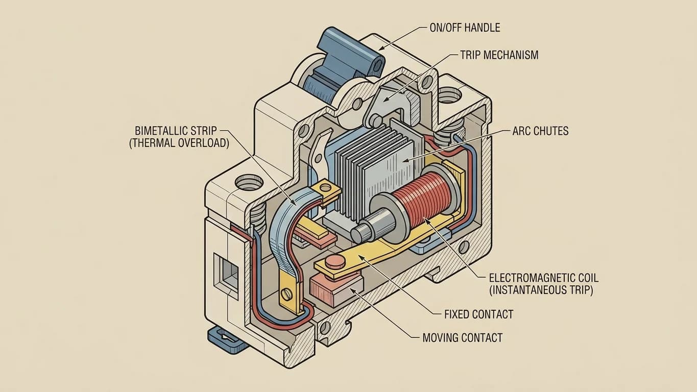 Cross-sectional diagram of MCB internal mechanism showing bimetallic strip, magnetic coil, trip latch, and arc chute