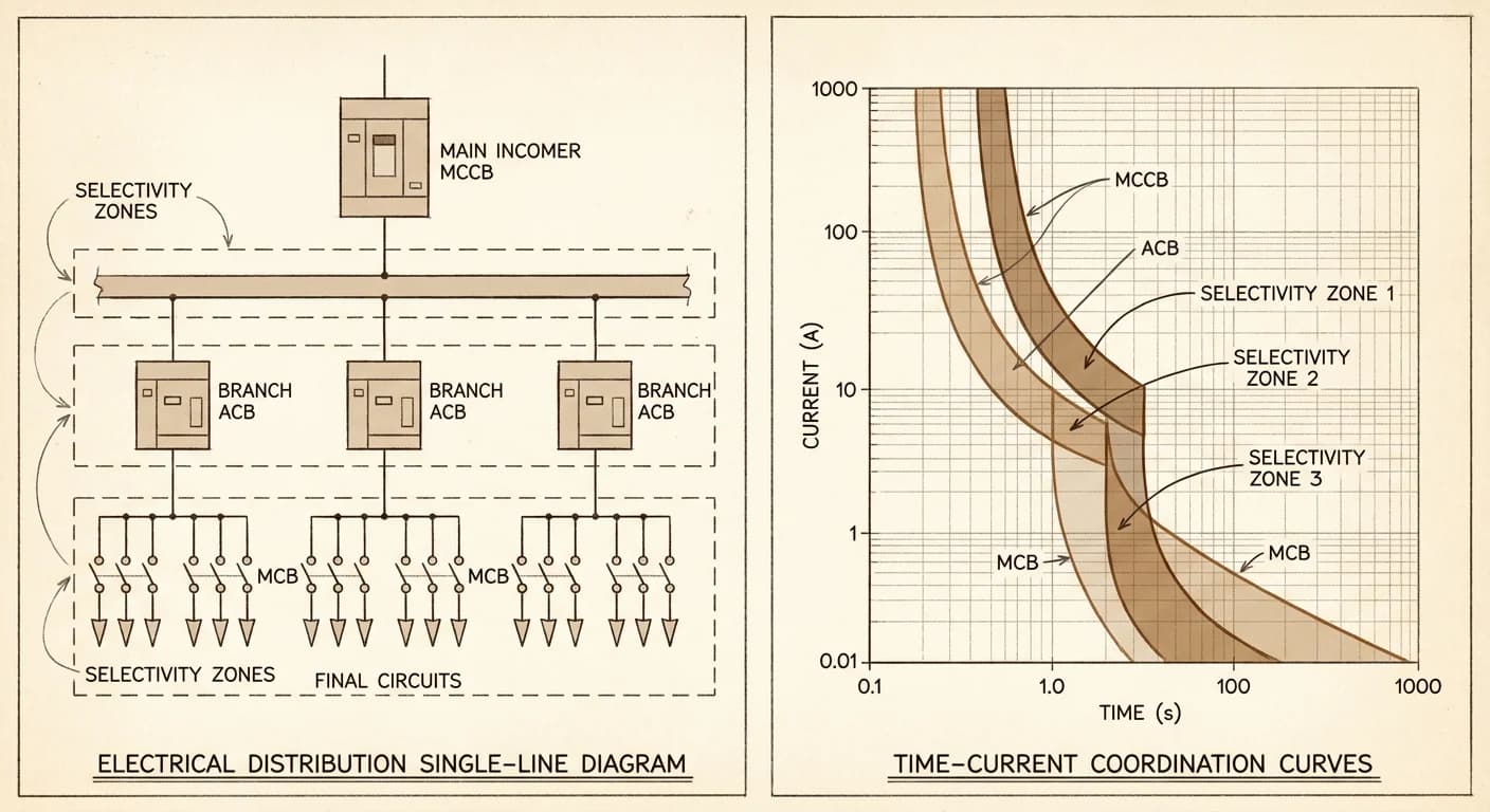Log-log time-current curves of an upstream MCB and a downstream MCB, showing a common selectivity region at low fault currents and overlapping instantaneous bands at high fault currents